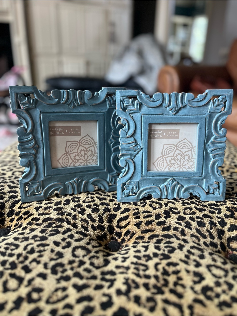 Shabby Chic Carved Wooden Photo Frame Set preppy Blue Distressed 8x8” (4x4 size)
